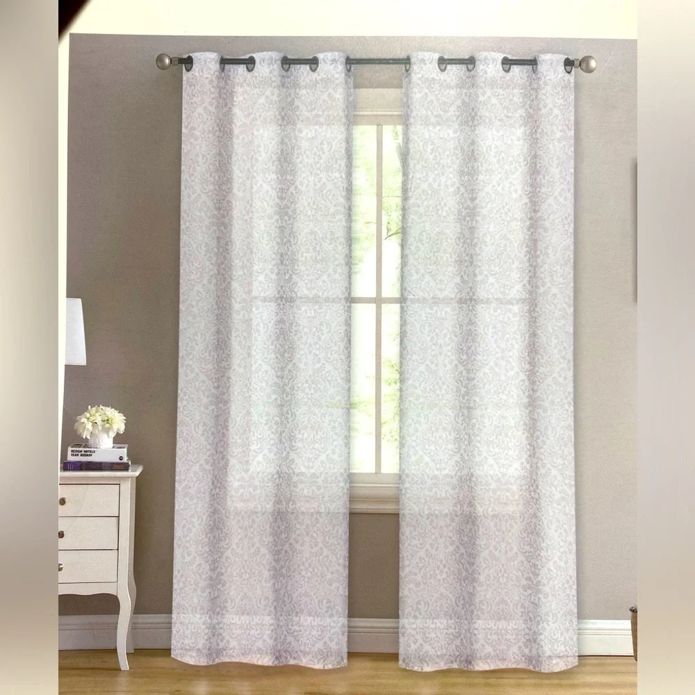 Laura Ashley Grommet Top Taupe White Floral Sheer Curtain Panel Pair 38